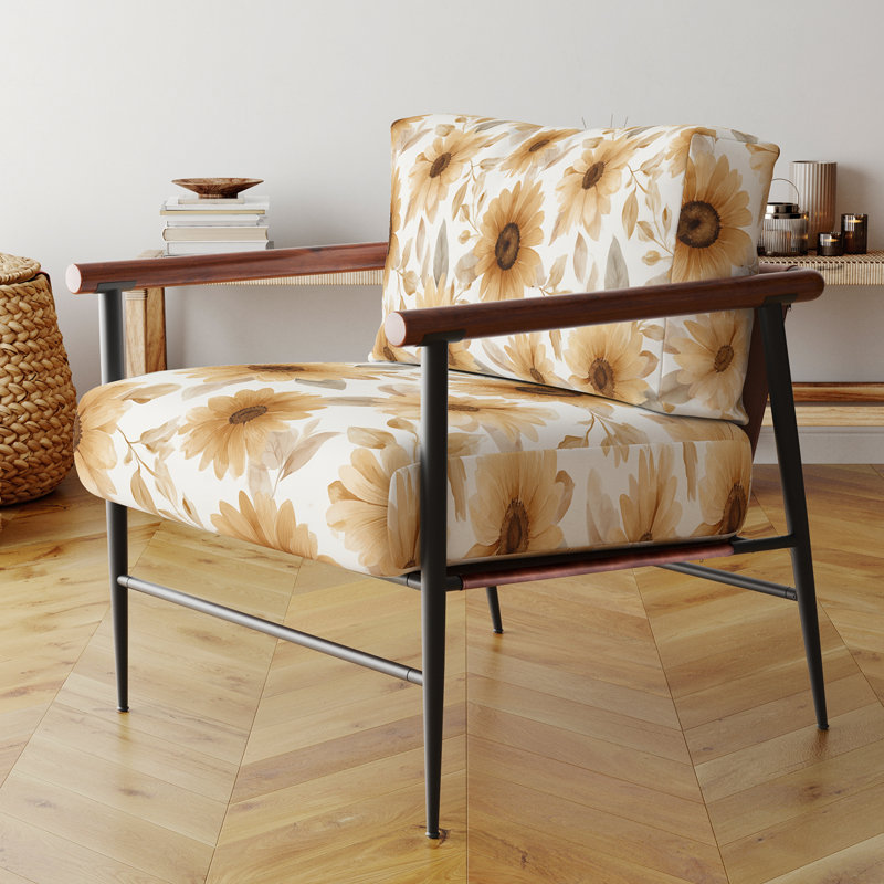 Chaise rembourrée Floral, Bras ronds bruns