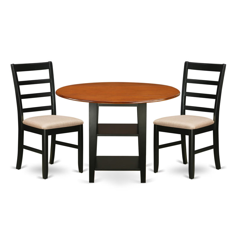 L'ensemble de 3 pièces de table de salle à manger contient une table de cuisine ronde avec Dropleaf et tablettes et 2 chaises rembourrées en tissu de lin, noir et cerise