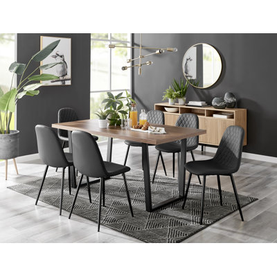 Kylooe Modern Brown Wood And Black Metal Dining Table Set With 6 Luxury Faux Leather Dining Chairs