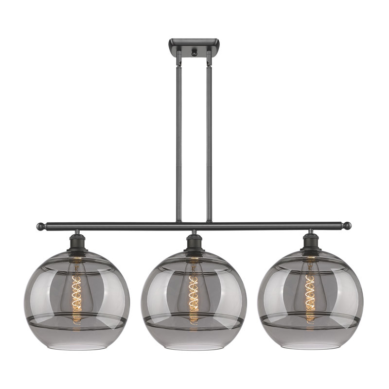 Luminaire suspendu pour îlot de cuisine à 3 lumières Chartoff, Chrome poli, Gris fumée clair