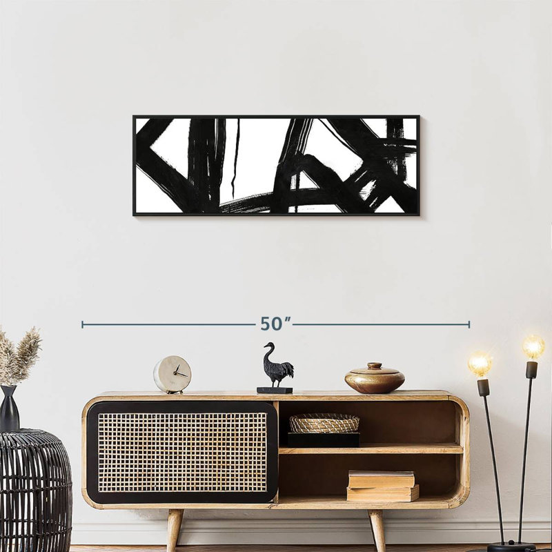 Encre noire stries VII, 37 po x 13 po, Cadre flottant noir