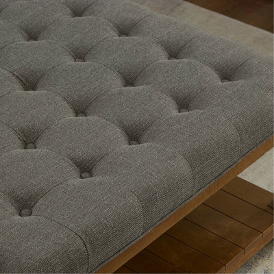 Large Square Upholstered Tufted Linen Ottoman Coffee Table, Large Footrest Ottoman with Solid Wood Shelf- Granite