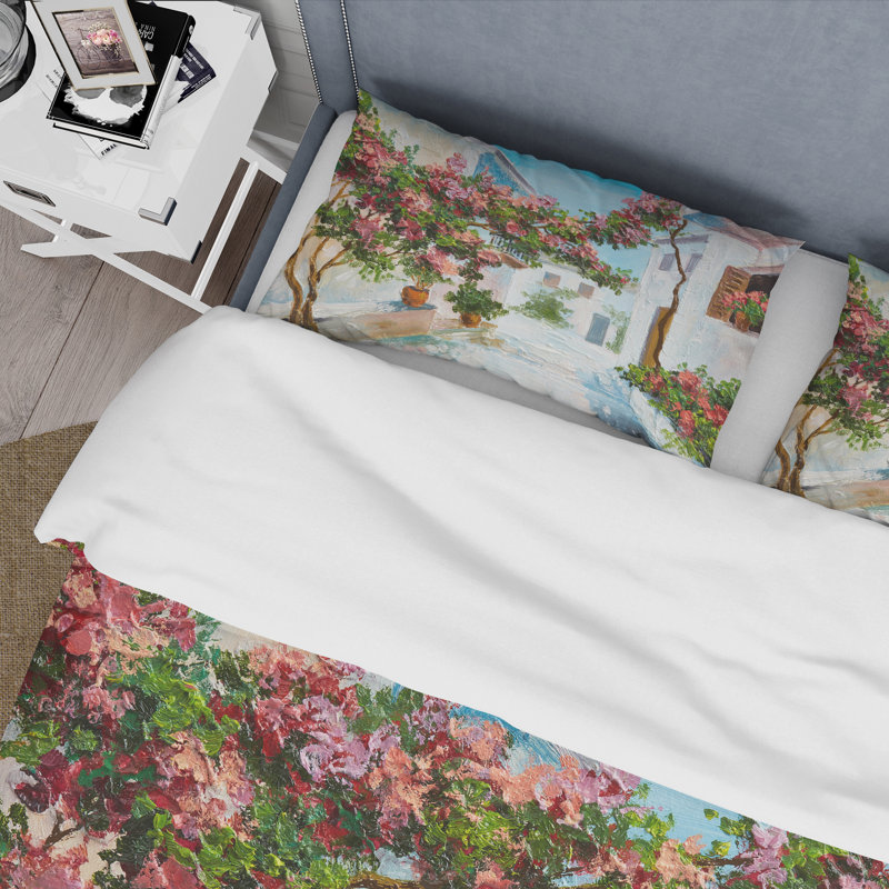 Maison blanche avec fleurs en fleurs près de la mer - Ensemble de housse de couette nautique - Polyester en microfibre