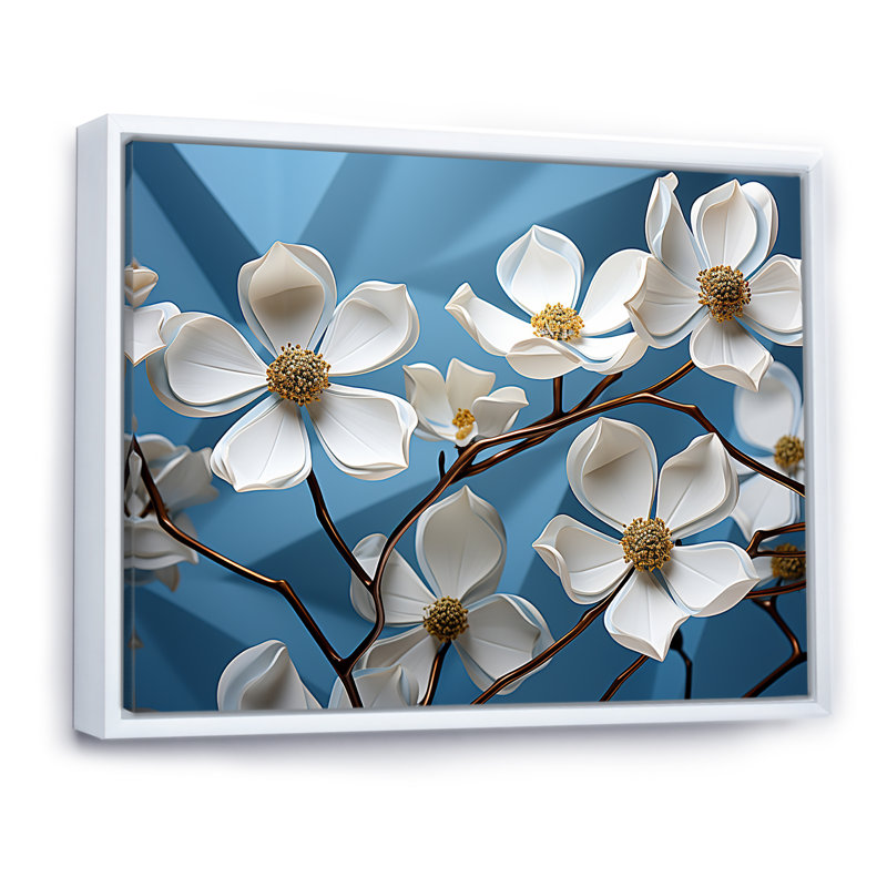 Cubiste cornouiller fleurs harmonie sur toile, Cadre flottant blanc, H 24 po x l 32 po x P 1 po
