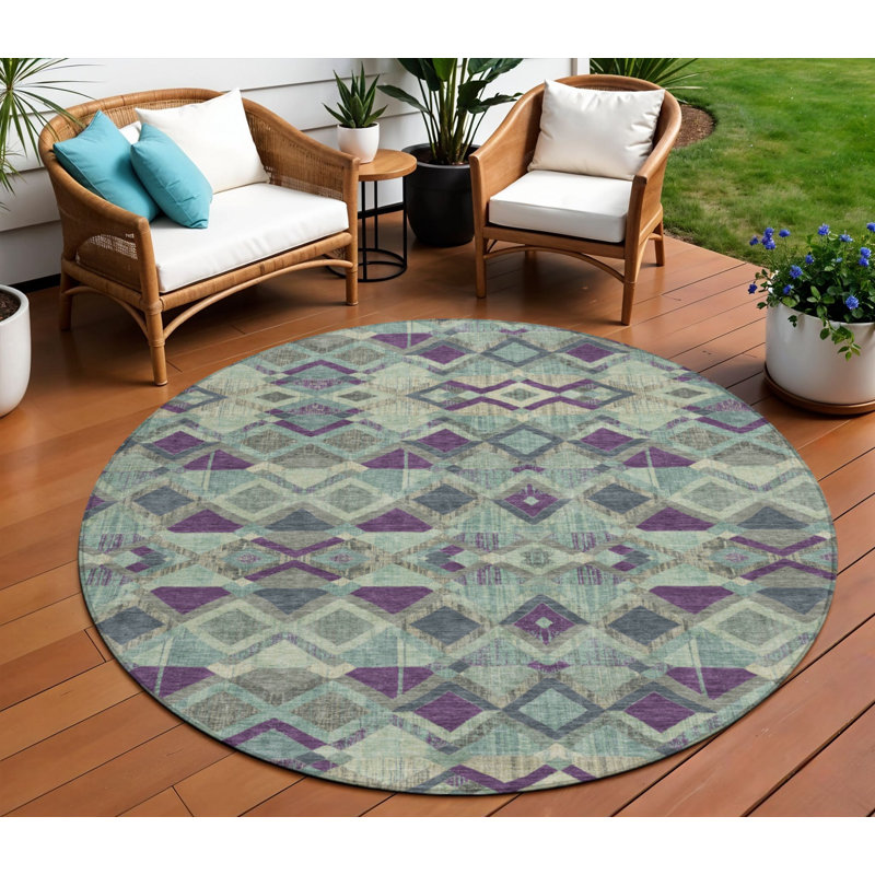Tapis d'intérieur rond lavable géométrique bleu et mauve 8 pi