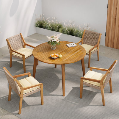 Outdoor Dining Set – Premium Acacia Wood Stamford Table & Wicker Chairs with Cream Cushion for Comfortable Dining Experience,Suitable for large gatherings(1 Table + 4 Chairs)