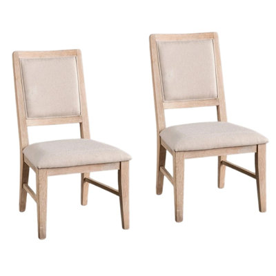 Ellon Side Dining Chair Set Of 2, Distressed Natural Brown Wood, Beige Fabric