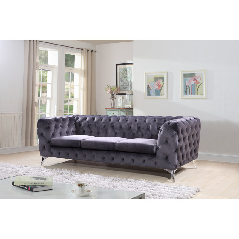 Khan 88.58'' Velvet Sofa, Gray