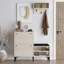 Armoire à chaussures moderne avec porte-manteau suspendu, couleur travertin, 43,3 po x 36,2 po x 13,8 po | 100% panneau de particules enduit de mélamine, 0,7 po d'épaisseur | Fixation murale, pieds en plastique, tablettes multiples, design élégant et fonctionnel-252506722