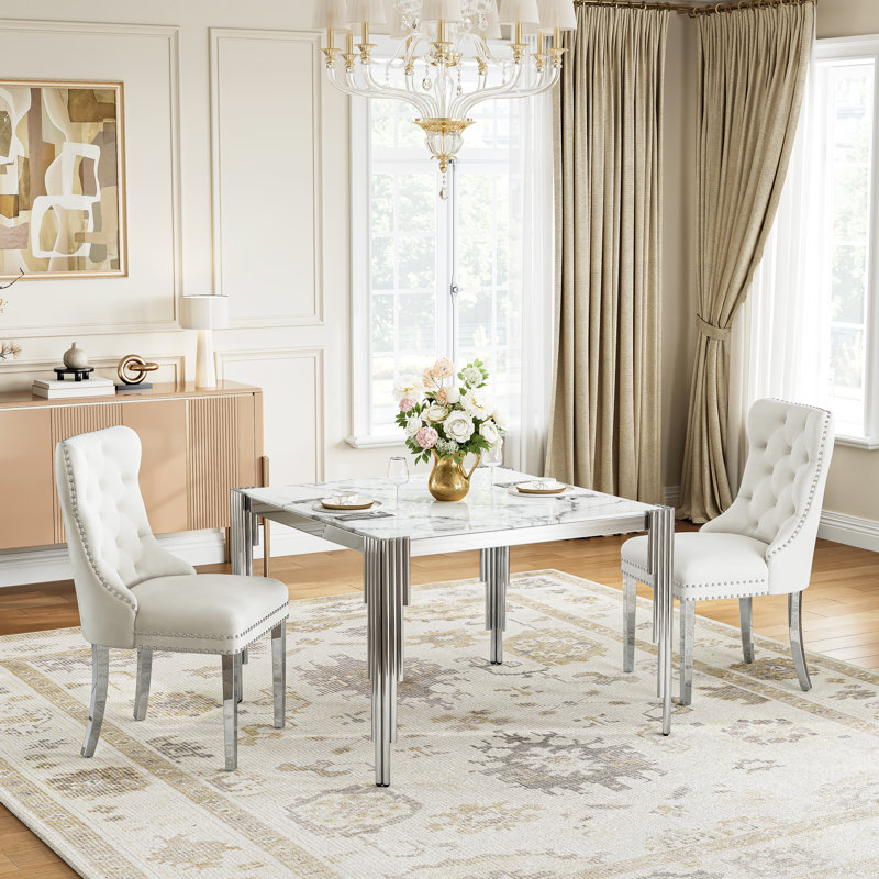 3-Piece Dining Set, 37" White Marble-Pattern Glass Dining Table, Tubular Stainless Steel Legs, 2 Velvet Upholstered Dining Chairs