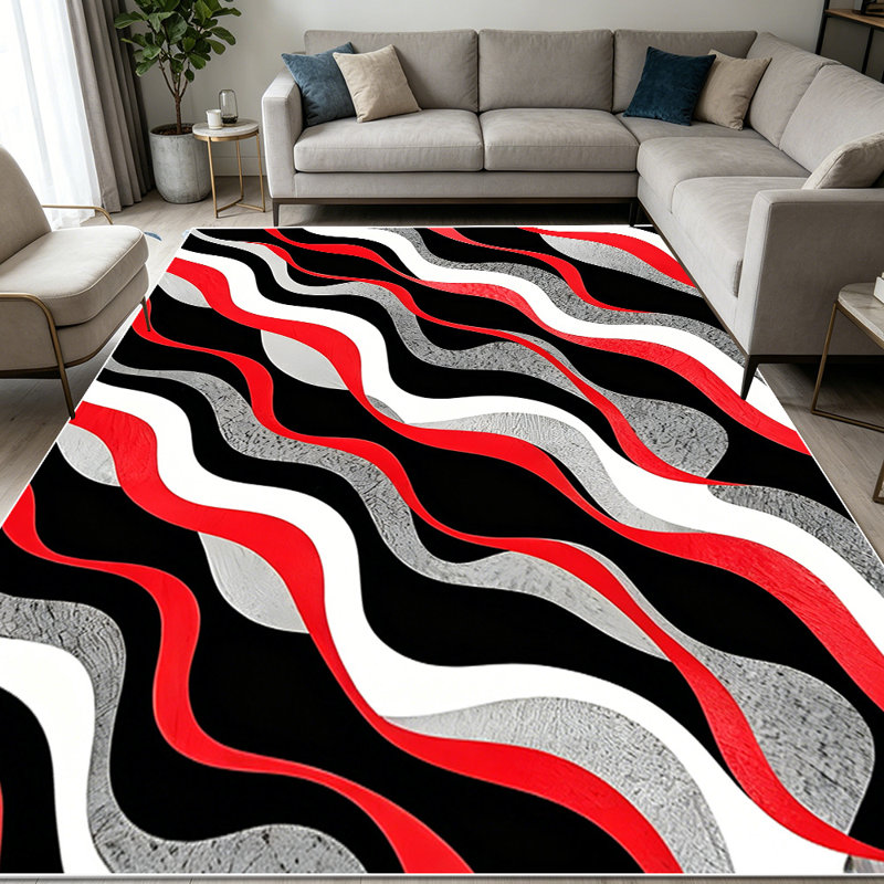1PC Red Black White Gray Wavy Stripe Geometric Pattern area rugs for Living Room, Soft and Comfortable, Suitable for all seasons, easy-to-maintain, machine washable Indoor floor mat, Under Table Farmhouse suitable for dining table, bedroom, entryway