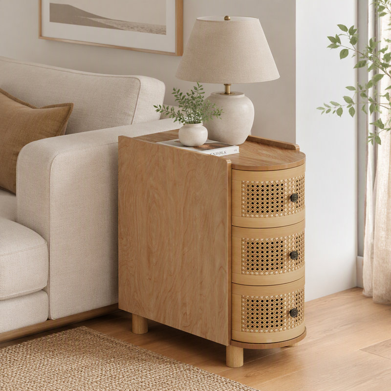 Table de bout en bois, table de chevet à 3 tiroirs avec 3 tiroirs en rotin, sans assemblage