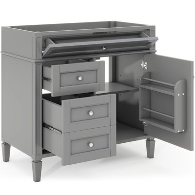 Meuble de salle de bain de 91 cm (36 po), de style minimaliste moderne avec 2 tiroirs et un tiroir basculant. Bois massif gris. 84 cm (33 po) H x 46 cm (18 po) L. Étagère réglable, rangement dissimulé. Poignées au design vintage. Montage facile.