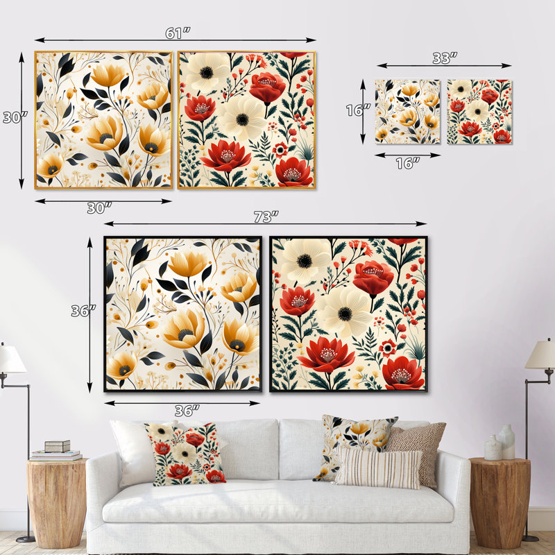 Kessy - Ensemble de 2 collages carrés floraux, Cadre flottant doré, H 36 po x l 73 po