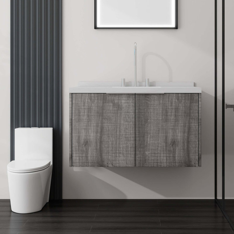 Meuble-lavabo flottant avec comptoir en marbre de culture et porte à fermeture en douceur, Light Grey