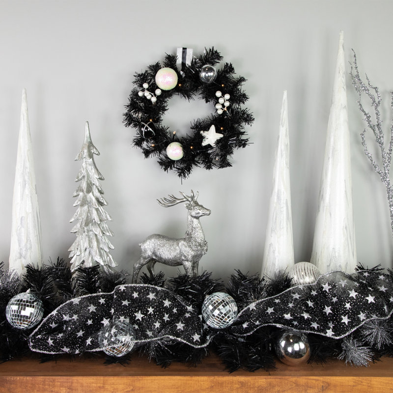 Pre-Lit LED Battery Operated Black Pine Christmas Wreath - 16" - Cool White Lights