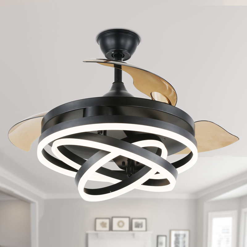 Brynnly 42" Retractable DC Motor Ceiling Fan with LED Lights, Remote 3-Color 6-Speed, Black with Brown Blades