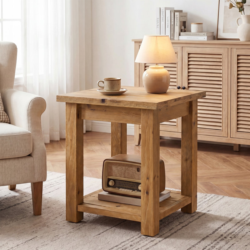 Table de bout carrée en bois massif 19,7 po avec tablettes de rangement