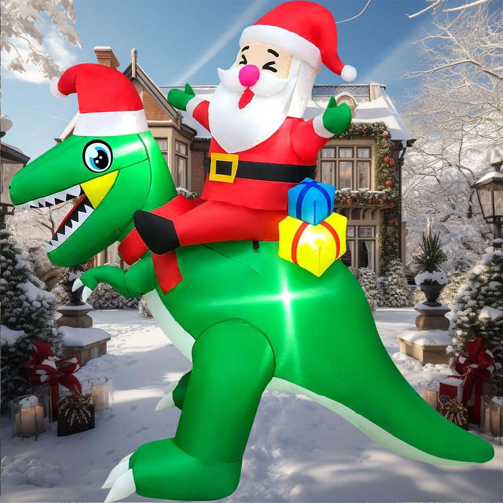 The Holiday Aisle® Christmas Santa Riding Dinosaur Blow Up Yard