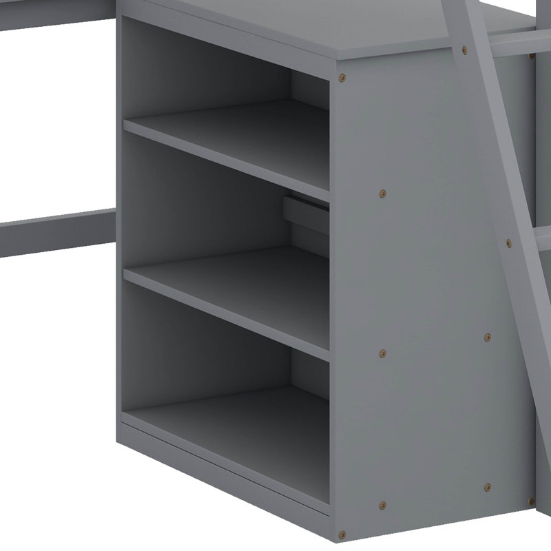 Lit mezzanine simple avec tablettes et bureau, Gris