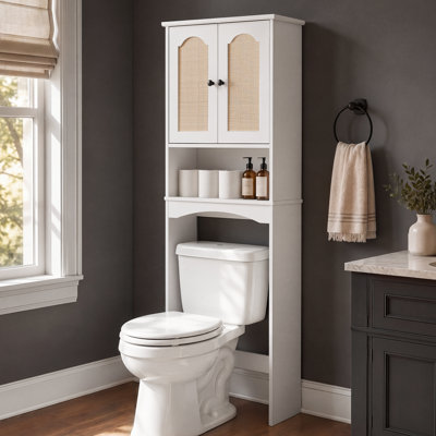 71" Tall Boho Over-the-toilet Storage Cabinet, Freestanding Bathroom Space Saver With Arched Rattan Doors & Adjustable Shelves, White