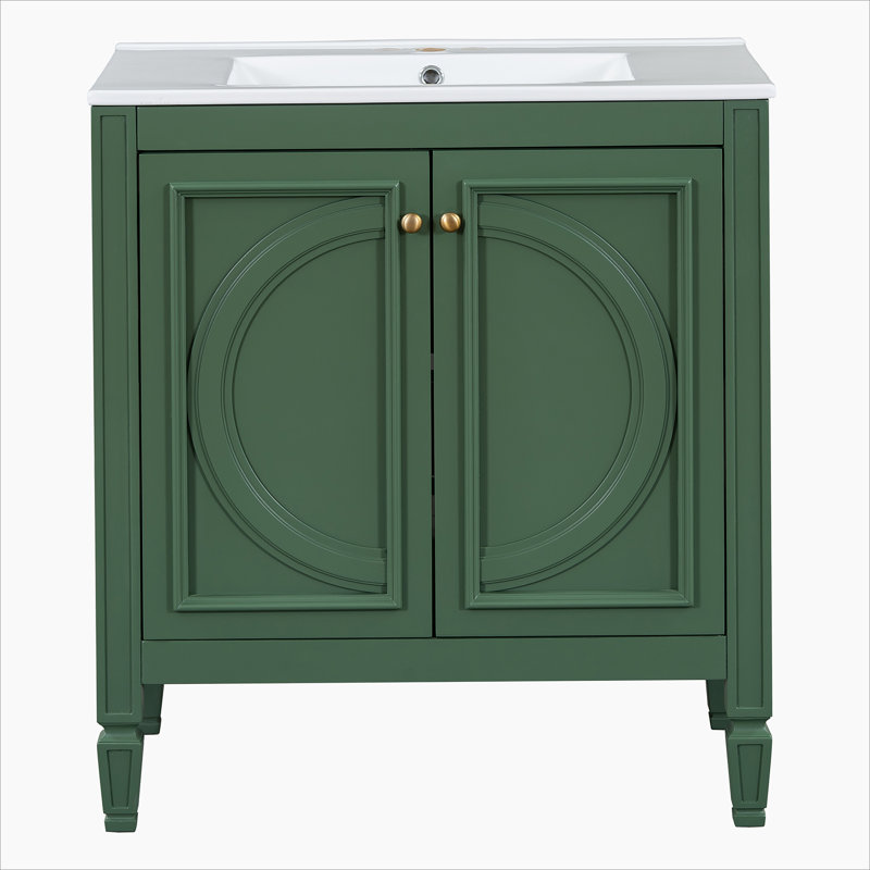 Meuble-lavabo de salle de bain avec lavabo en céramique, tiroir de rangement et portes à fermeture en douceur, Vert