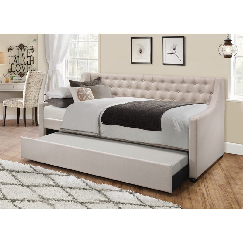 Analily Upholstered Linen Daybed with Trundle Bed, Warm Gray