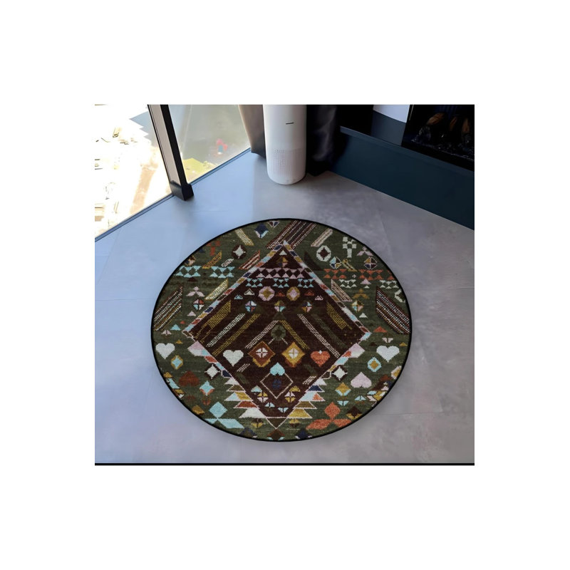Green Brown Traditional Patterned Round Woven Base Vintage Decorative Carpet, Round 4'