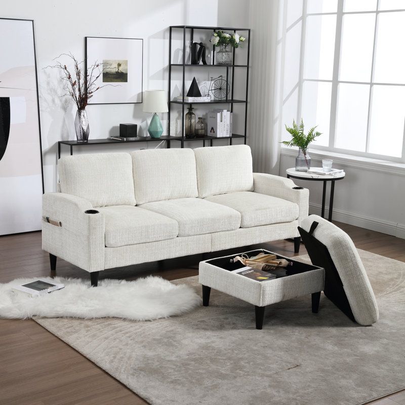 Canapé modulaire en chenille avec rangement et poches multiples pour le salon, Chenille beige
