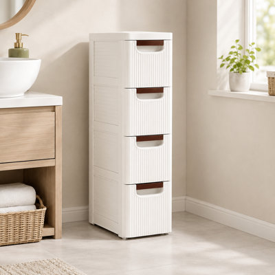 16.6 x 7.4 x 29.6 Inch White Narrow Storage Cart – 4-Drawer Slim Plastic Unit for Home, Laundry, Office, and Small-Space Gap Storage
