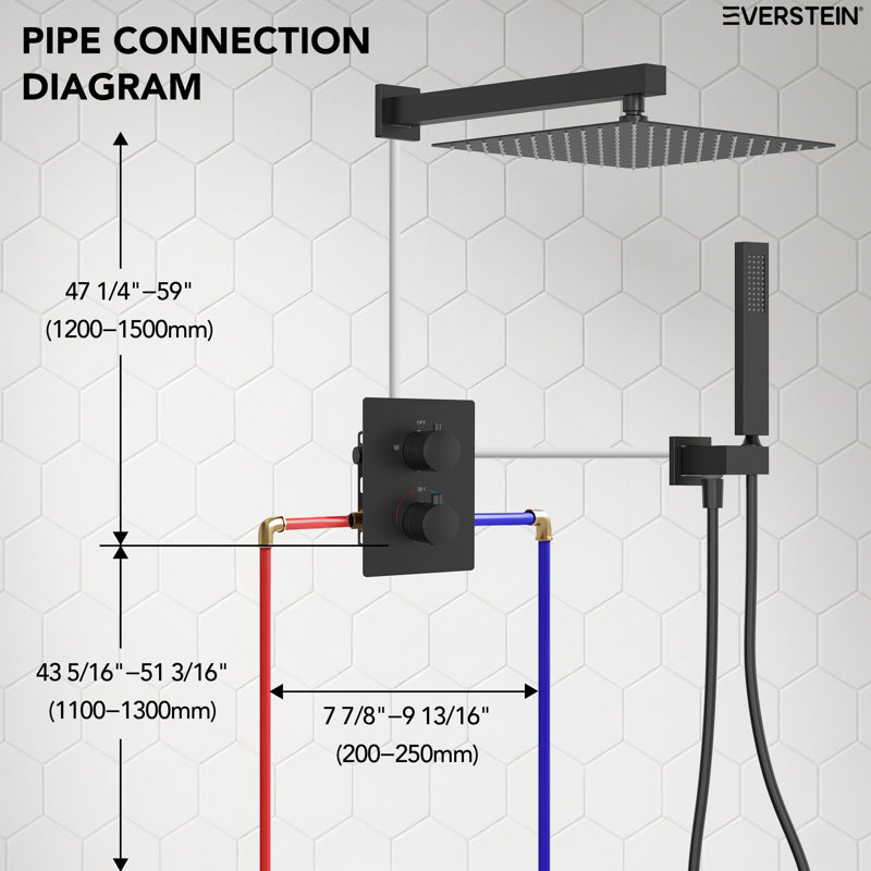 Concealed Thermostatic Shower System with Rain Shower, Chrome, Matte Black