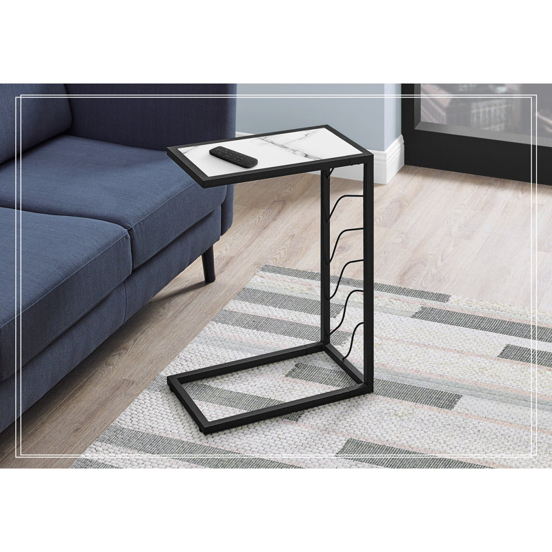 Table d'appoint, en forme de C, bout, côté, collation, salon, chambre à coucher, stratifié aspect marbre blanc, métal noir, contemporain, moderne