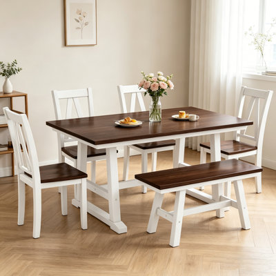 Ensemble de table de salle à manger en bois 6 pièces avec long banc et 4 chaises Farmhouse