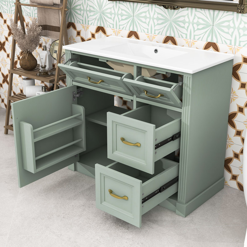 Meuble-lavabo avec lavabo, 4 tiroirs, tablette réglable et porte à fermeture en douceur, Vert