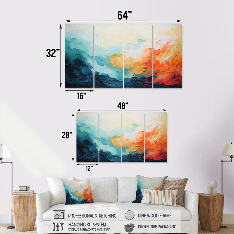 Azur bleu jaune Fusion I - peinture abstraite, 4 pièces, H 28 po x l 48 po