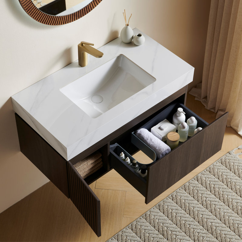 Meuble-lavabo mural 36 po avec comptoir en pierre frittée et lavabo en céramique Muri, Espresso, 36", Blanc de Carrare
