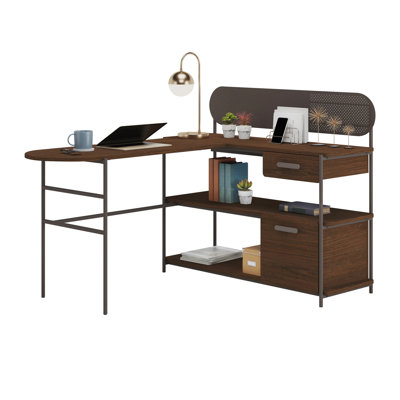 Bureau en bois en L avec 2 tiroirs à glissement lisse, brun