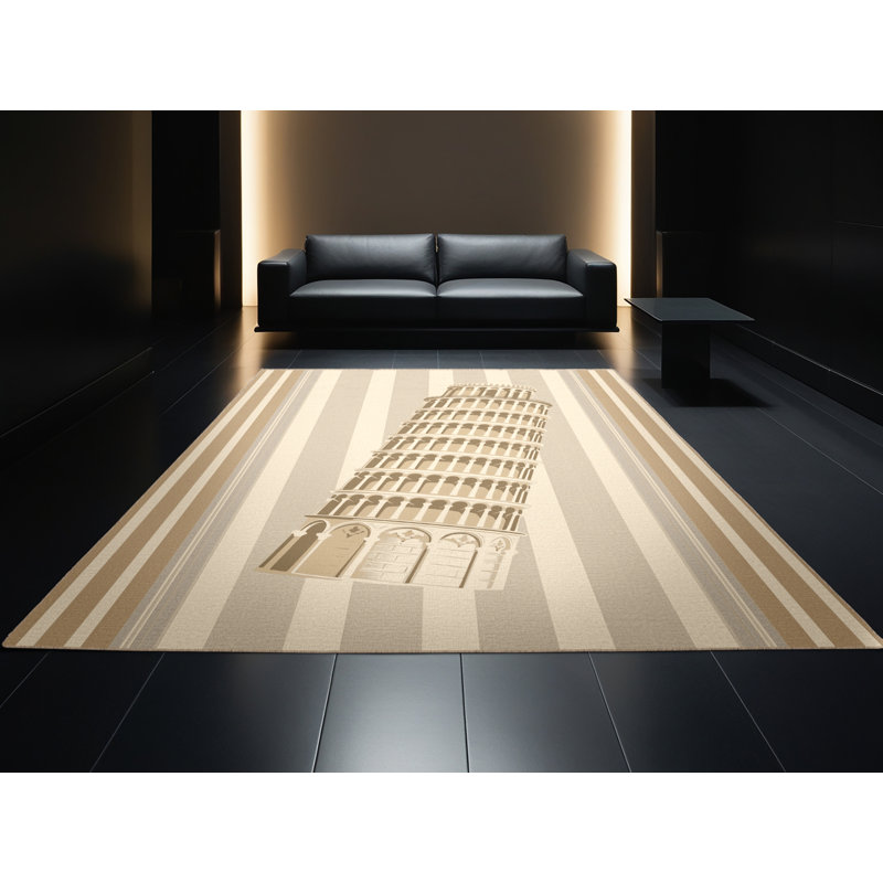 Machine Washable Pelico Pisa Leaning Tower Classic Striped Rug in Brown – Beige Binding, 5x8