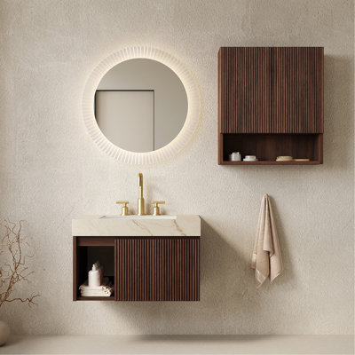 Ensemble de meuble-lavabo mural 30 po + 26 po, meuble-lavabo mural flottant pour salle de bain, plateau en pierre frittée crème or, cuve en céramique, 3 trous de robinet pré-percés, robinet et drain exclus, couleur grain de bois noyer