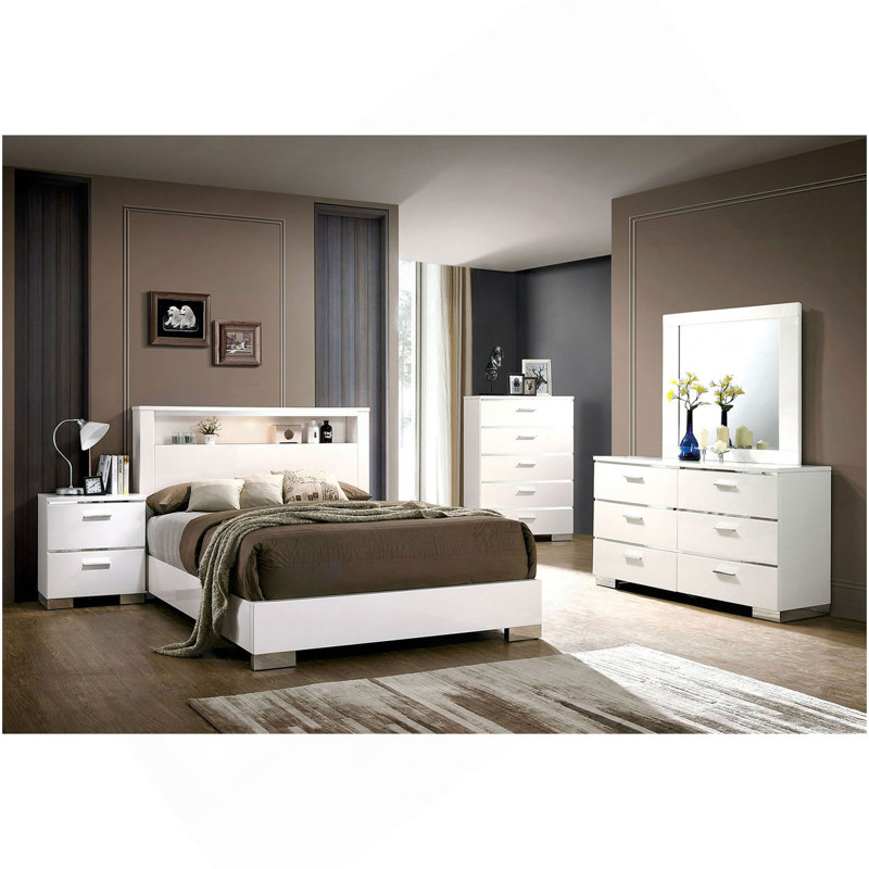 Commode 1 pièce à cinq tiroirs de style contemporain avec accents chromés blanc brillant et finition chromée