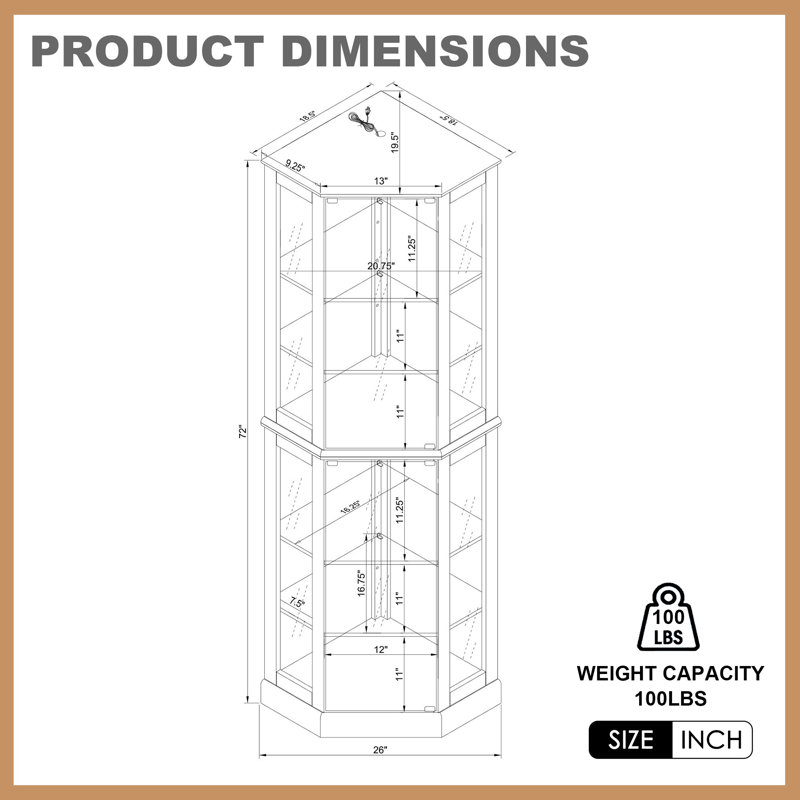 6 Shelf Corner Curio Display Cabinet with Lights, Oak