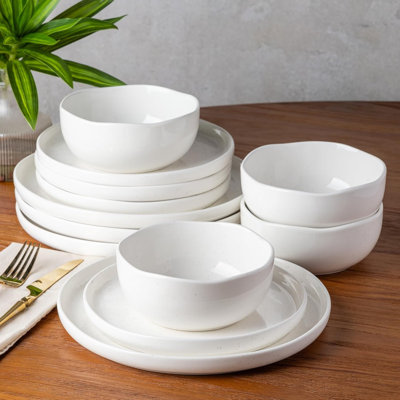 Ceramic Dinnerware Sets for 4, 12 Pieces Handmade Reactive Glaze Plates and Bowls Set, Scratch Resistant Dish Set, Oven & Microwave & Dishwasher Safe, White Speckled