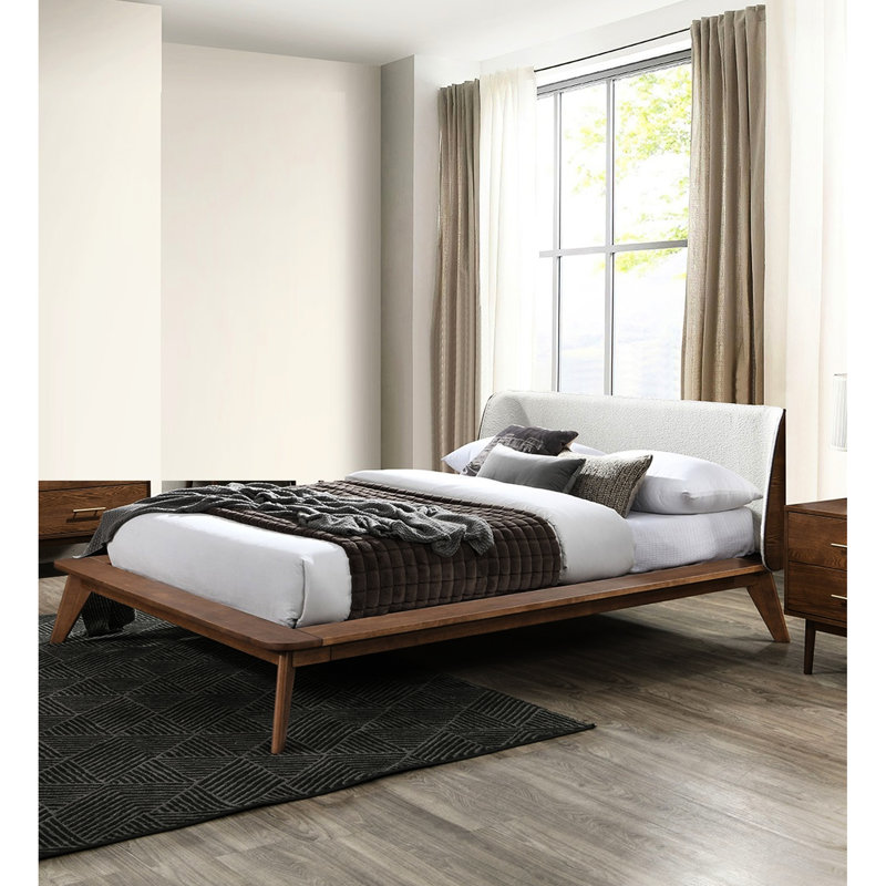 Grand lit de couleur noyer, plateforme en bois massif avec panneau et tête de lit à oreilles en tissu, style Mid-Century moderne, pieds en angle effilés, lit pour matelas,