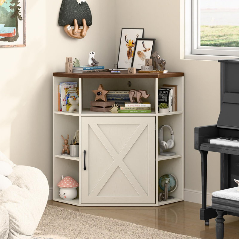 Corner Storage Shelf With USB Ports And Outlets Industrial Organizer, White/Brown