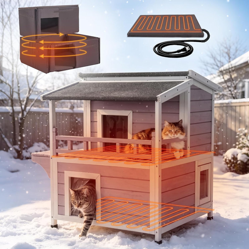 Abri pour chat extérieur chauffé pour l'extérieur avec abri pour chat isolé et imperméable avec revêtement chauffant et isolant