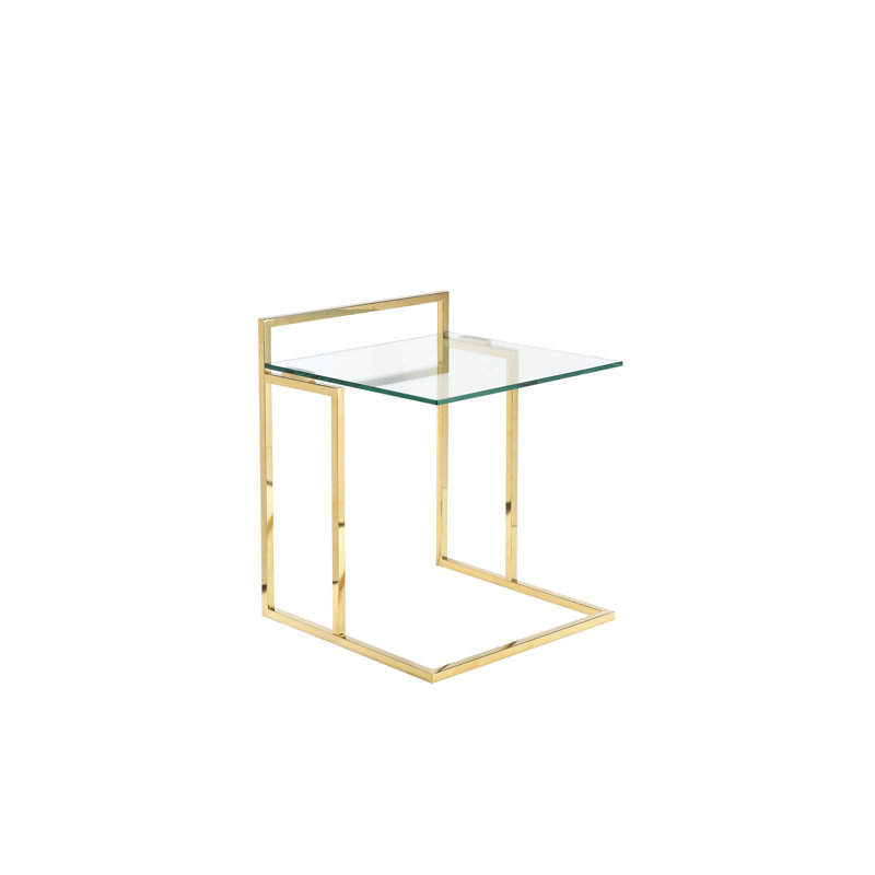 Helen Tray Table – Modern C-Shaped Glass End Table with Tempered Glass Top & Polished Gold Steel Frame for Living Room, Bedroom & Sofa Side Table - Gold Tray Table