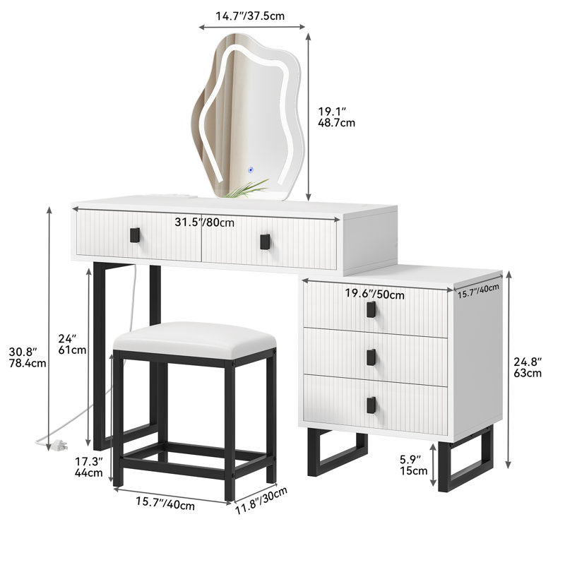 Coiffeuse en nuage extensible avec miroir lumineux et tabouret, Blanc