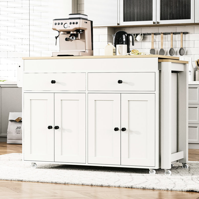 74.5 Inch Kitchen Island With 27" Extendable Table, 44"X19.75" Island, 2 Drawers, Spice Rack And 7 Lockable Wheels, White Dining 4 Door Cabinet, Smooth Rotation Wheels Rack,