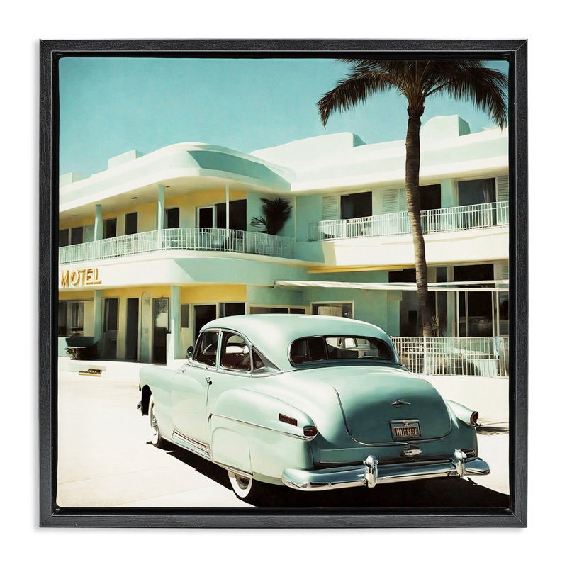 Art mural classique sur toile flottante, "Classic car at môtel" par Noah Bay, Cadre flottant noir de jais, H 25 po x l 25 po
