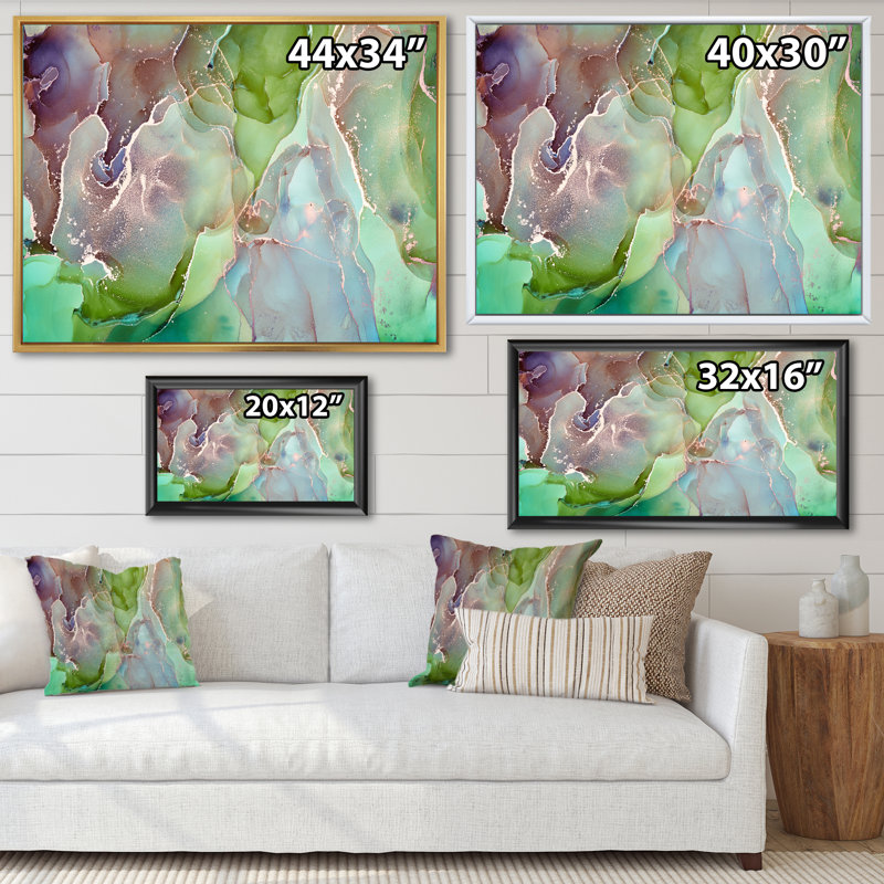 Art abstrait vert et rose à l'encre - Peinture sur toile, H 24 po x l 32 po, Cadre flottant en érable